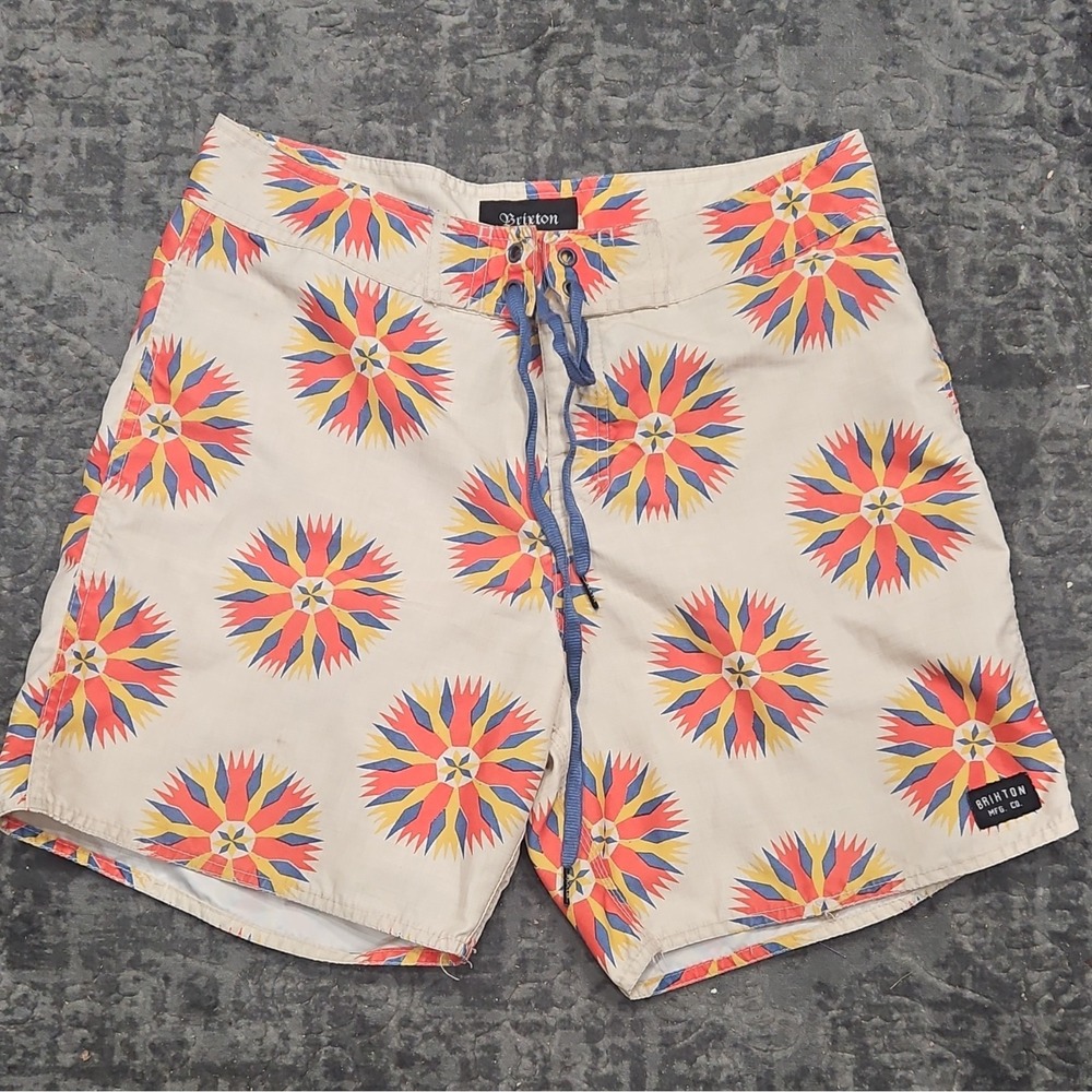 Brixton Board Shorts Beige Geometric Print Men's 30 Drawstring